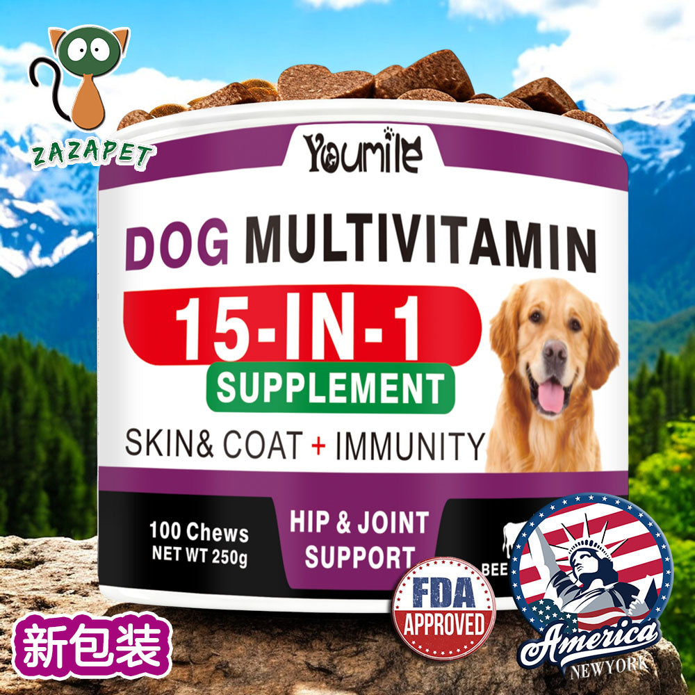 ZAZAPET - 【15合1】 狗用復合維生素 提升能量和活力 改善關節 支持心臟，皮膚，腸道和肝臟 可拌狗糧拌寵物小零食 100粒/瓶 牛肉味