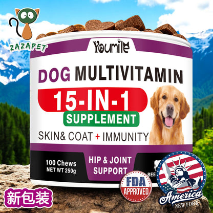 ZAZAPET - 【15合1】 狗用復合維生素 提升能量和活力 改善關節 支持心臟，皮膚，腸道和肝臟 可拌狗糧拌寵物小零食 100粒/瓶 牛肉味