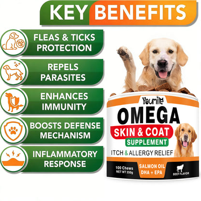 ZAZAPET - 狗用鮭魚油軟咀嚼片 OMEGA-3 幫助皮膚和毛髮 止痕抗過敏 抗氧化 關節保健 支援心血管功能 100粒/瓶 牛肉味 可拌凍乾零食 拌狗糧