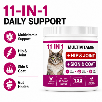 ZAZAPET - 【11合一】貓用復合維生素軟咀嚼片 髋關節軟骨健康 皮膚和毛髮 益生菌腸道消化健康 抗氧化 增強免疫 120粒/瓶 雞肉味 可拌凍乾零食 拌貓糧