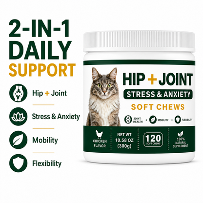 ZAZAPET - 【抗炎鎮痛】貓用關節健康軟咀嚼片 缓解壓力和焦慮 緩解關節疼痛 幫助軟骨和締結組織健康 120粒/瓶 雞肉味 可拌凍乾零食 拌貓糧