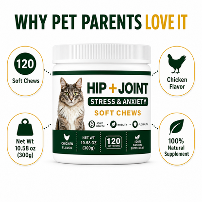 ZAZAPET - 【抗炎鎮痛】貓用關節健康軟咀嚼片 缓解壓力和焦慮 緩解關節疼痛 幫助軟骨和締結組織健康 120粒/瓶 雞肉味 可拌凍乾零食 拌貓糧