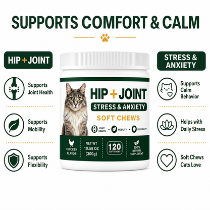 ZAZAPET - 【抗炎鎮痛】貓用關節健康軟咀嚼片 缓解壓力和焦慮 緩解關節疼痛 幫助軟骨和締結組織健康 120粒/瓶 雞肉味 可拌凍乾零食 拌貓糧