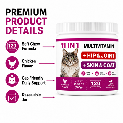 ZAZAPET - 【11合一】貓用復合維生素軟咀嚼片 髋關節軟骨健康 皮膚和毛髮 益生菌腸道消化健康 抗氧化 增強免疫 120粒/瓶 雞肉味 可拌凍乾零食 拌貓糧