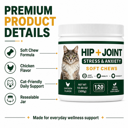 ZAZAPET - 【抗炎鎮痛】貓用關節健康軟咀嚼片 缓解壓力和焦慮 緩解關節疼痛 幫助軟骨和締結組織健康 120粒/瓶 雞肉味 可拌凍乾零食 拌貓糧