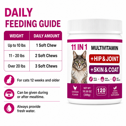 ZAZAPET - 【11合一】貓用復合維生素軟咀嚼片 髋關節軟骨健康 皮膚和毛髮 益生菌腸道消化健康 抗氧化 增強免疫 120粒/瓶 雞肉味 可拌凍乾零食 拌貓糧