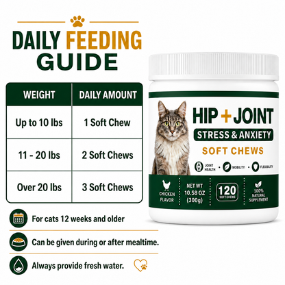 ZAZAPET - 【抗炎鎮痛】貓用關節健康軟咀嚼片 缓解壓力和焦慮 緩解關節疼痛 幫助軟骨和締結組織健康 120粒/瓶 雞肉味 可拌凍乾零食 拌貓糧