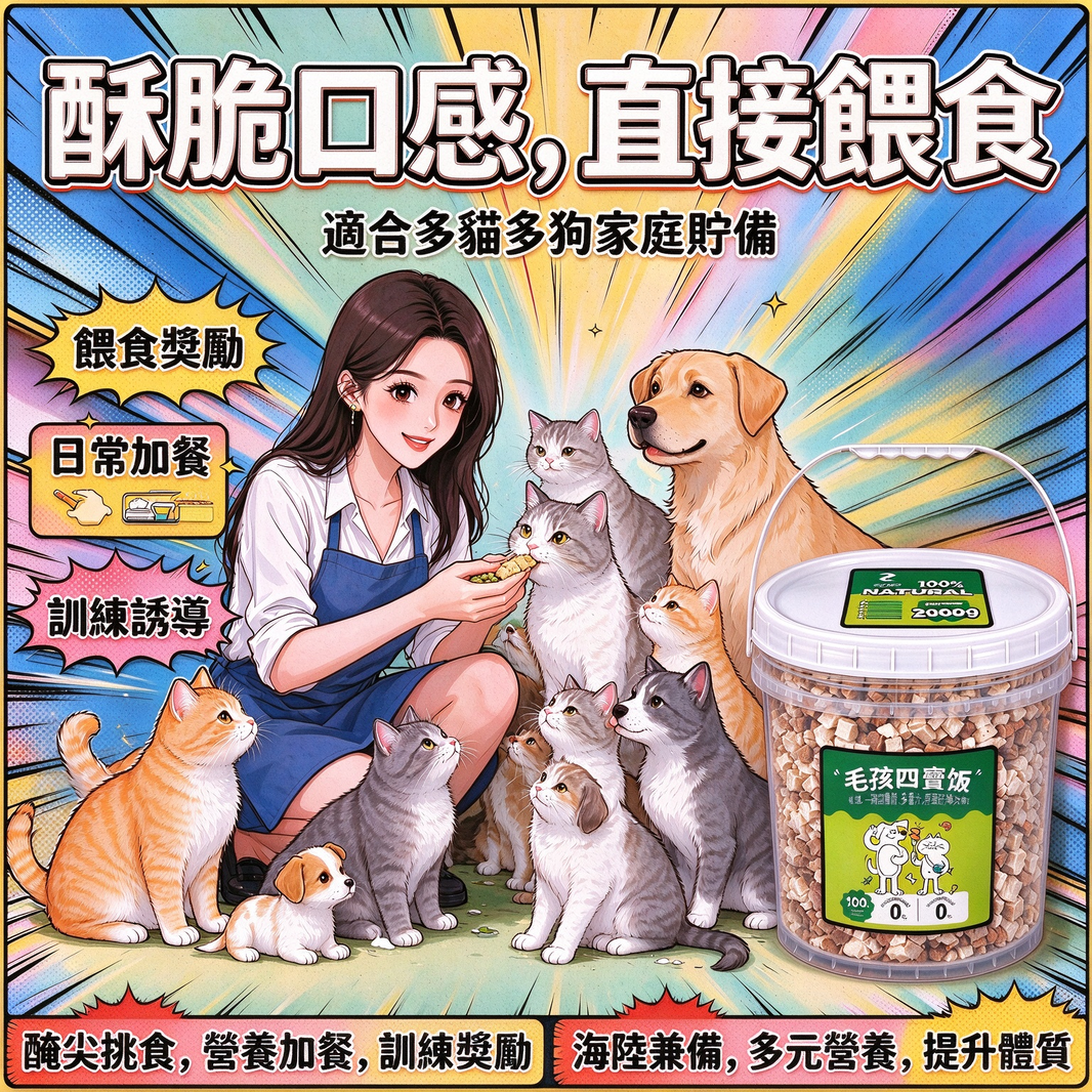 ZAZAPET - 【多寵家庭】毛孩四寶饭 巨桶裝2000g 凍乾雞肉 三文魚 鴨肉 牛肝 貓狗小食 零食 拌主糧 0添加