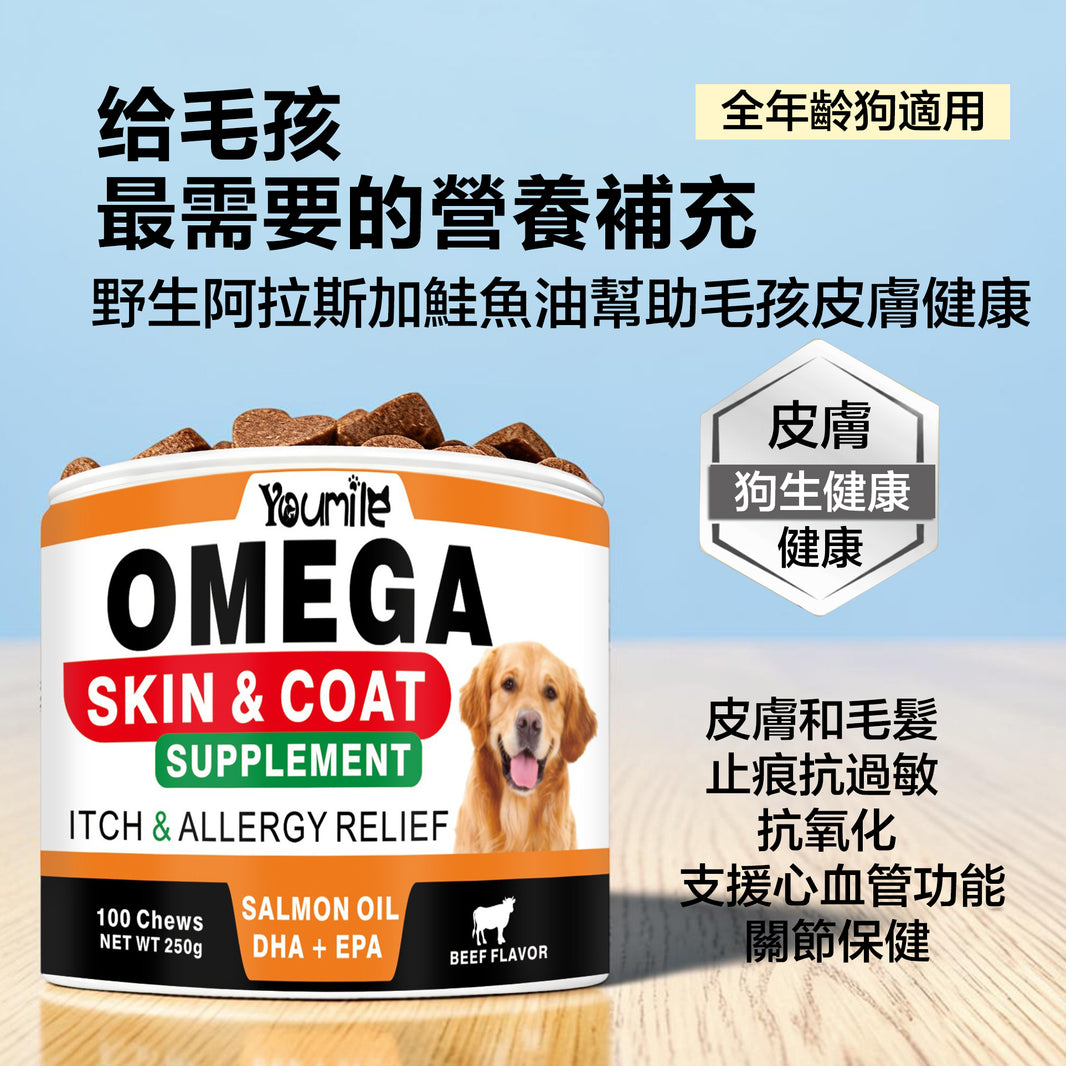 ZAZAPET - 狗用鮭魚油軟咀嚼片 OMEGA-3 幫助皮膚和毛髮 止痕抗過敏 抗氧化 關節保健 支援心血管功能 100粒/瓶 牛肉味 可拌凍乾零食 拌狗糧