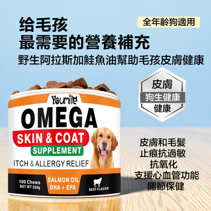 ZAZAPET - 狗用鮭魚油軟咀嚼片 OMEGA-3 幫助皮膚和毛髮 止痕抗過敏 抗氧化 關節保健 支援心血管功能 100粒/瓶 牛肉味 可拌凍乾零食 拌狗糧