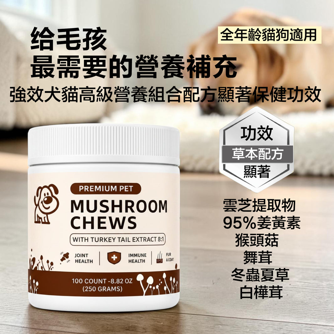 ZAZAPET - 【六大珍貴草本提取物】蘑菇粉軟咀嚼片 採用雲芝提取物 寵物用 天然抗炎關節健康 免疫調節 神經認知 保護毛髮和皮膚 可伴貓糧狗糧 伴貓狗凍乾零食 120粒/瓶 貓狗可食