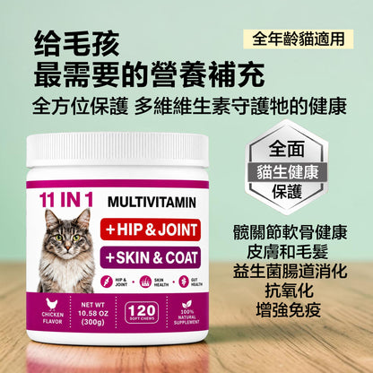 ZAZAPET - 【11合一】貓用復合維生素軟咀嚼片 髋關節軟骨健康 皮膚和毛髮 益生菌腸道消化健康 抗氧化 增強免疫 120粒/瓶 雞肉味 可拌凍乾零食 拌貓糧