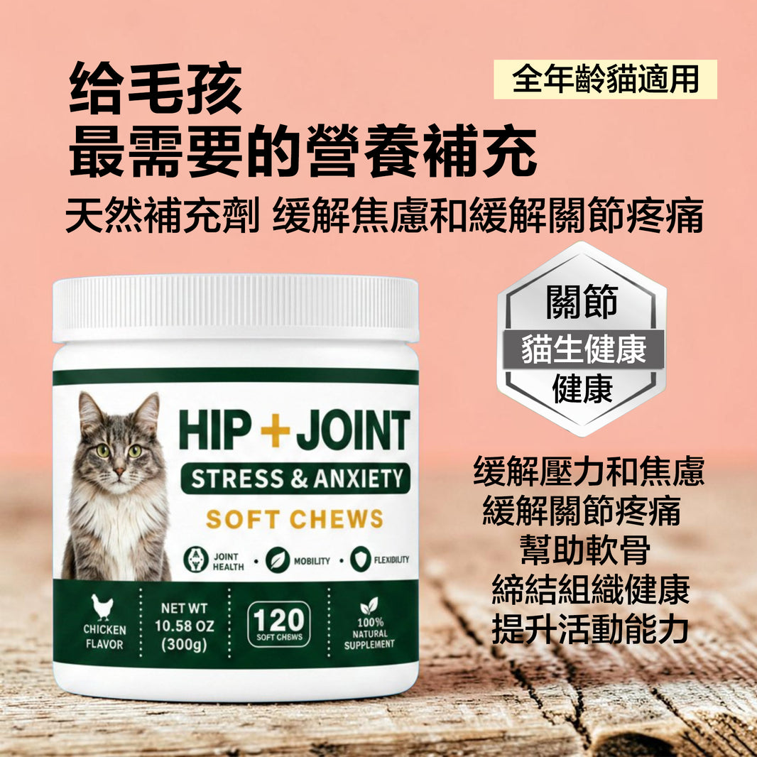 ZAZAPET - 【抗炎鎮痛】貓用關節健康軟咀嚼片 缓解壓力和焦慮 緩解關節疼痛 幫助軟骨和締結組織健康 120粒/瓶 雞肉味 可拌凍乾零食 拌貓糧