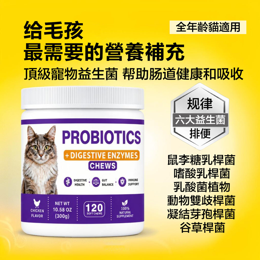 ZAZAPET - 【六大益生菌】貓用益生菌消化酵素軟咀嚼片 促進吸收 規律排便 增強免疫 幫助腸道 可伴貓糧 伴貓凍乾零食 120粒/瓶 雞肉口味