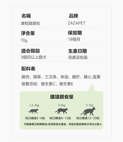 ZAZAPET - 【富含魚油+雞肉+三文魚】 鮮製貓草凍乾粒 貓咪化毛 富含維生素 呵護毛孩腸胃健康 70g/罐