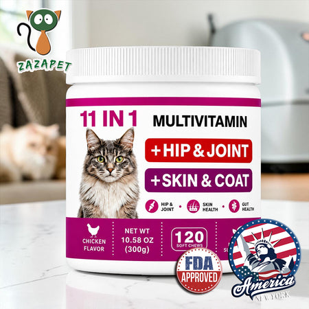 ZAZAPET - 【11合一】貓用復合維生素軟咀嚼片 髋關節軟骨健康 皮膚和毛髮 益生菌腸道消化健康 抗氧化 增強免疫 120粒/瓶 雞肉味 可拌凍乾零食 拌貓糧