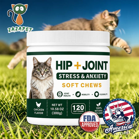 ZAZAPET - 【抗炎鎮痛】貓用關節健康軟咀嚼片 缓解壓力和焦慮 緩解關節疼痛 幫助軟骨和締結組織健康 120粒/瓶 雞肉味 可拌凍乾零食 拌貓糧