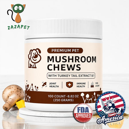 ZAZAPET - 【六大珍貴草本提取物】蘑菇粉軟咀嚼片 採用雲芝提取物 寵物用 天然抗炎關節健康 免疫調節 神經認知 保護毛髮和皮膚 可伴貓糧狗糧 伴貓狗凍乾零食 120粒/瓶 貓狗可食